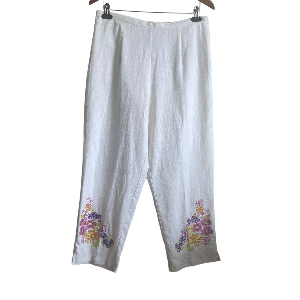 White Linen Blend Women Embroidered Cropped Pants 12 Floral Cottage Boho‎ Resort